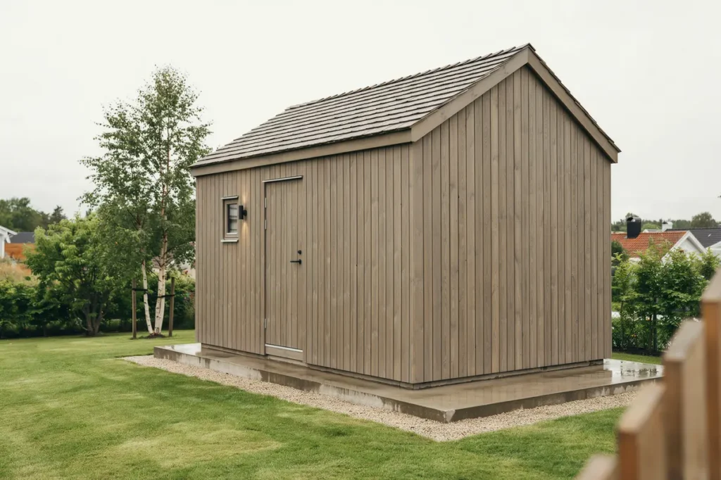 nybyggt tr dg rdsskjul med plintgrund och tr panel i hus sk ne